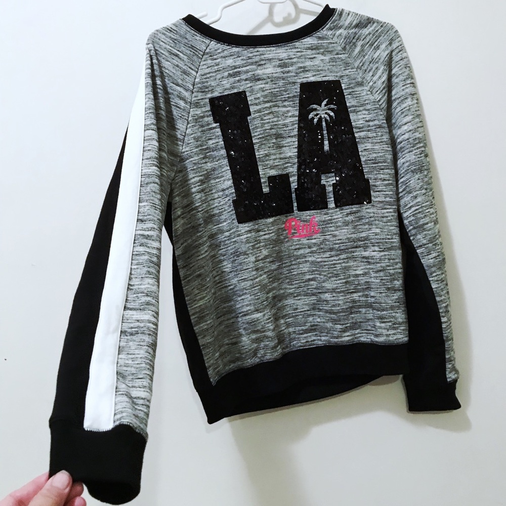 VS Pink sequin LA Palm Tree racing stripe sweatshirt rare